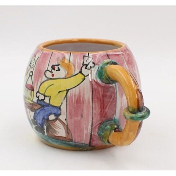 Barrel Mug Card Playing Pair 16oz Hand Painted Ceramic Pottery Italy Made 70's - Picture 2 of 8